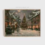 Vintage Style Christmas Town Print Tree Painting Moody Winter Wall Art Farmhouse Decor W119