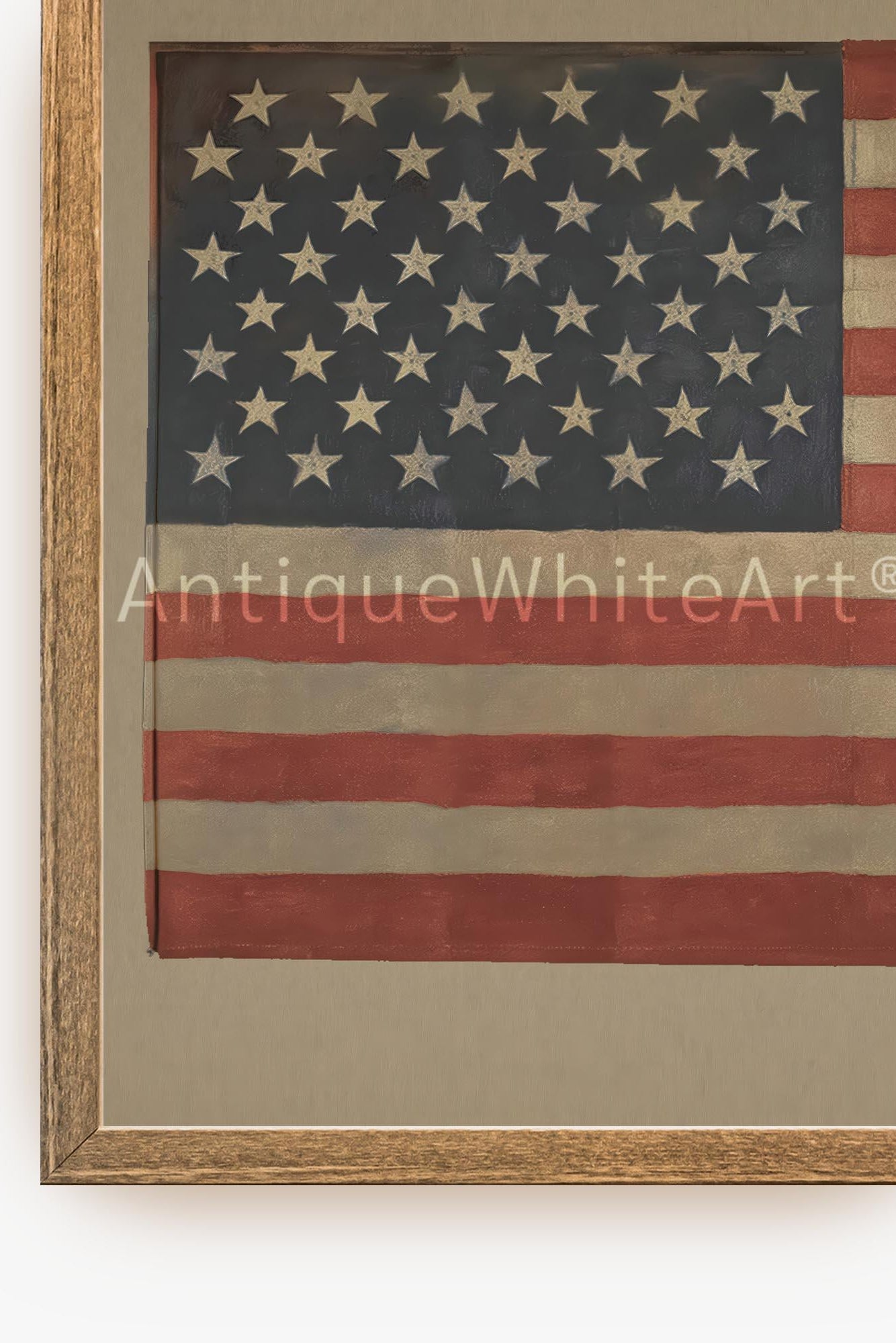 Framed American flag art piece with 'AntiqueWhiteArt' branding on a white background.