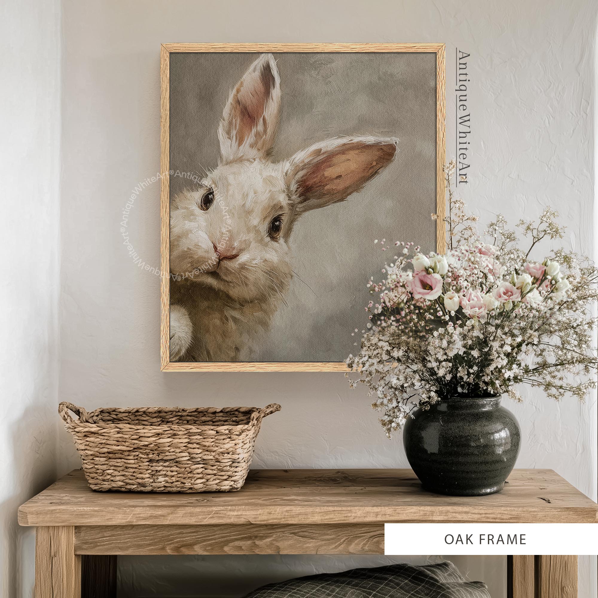 Easter Bunny Wall Art Print in Natural Oak Wooden Frame