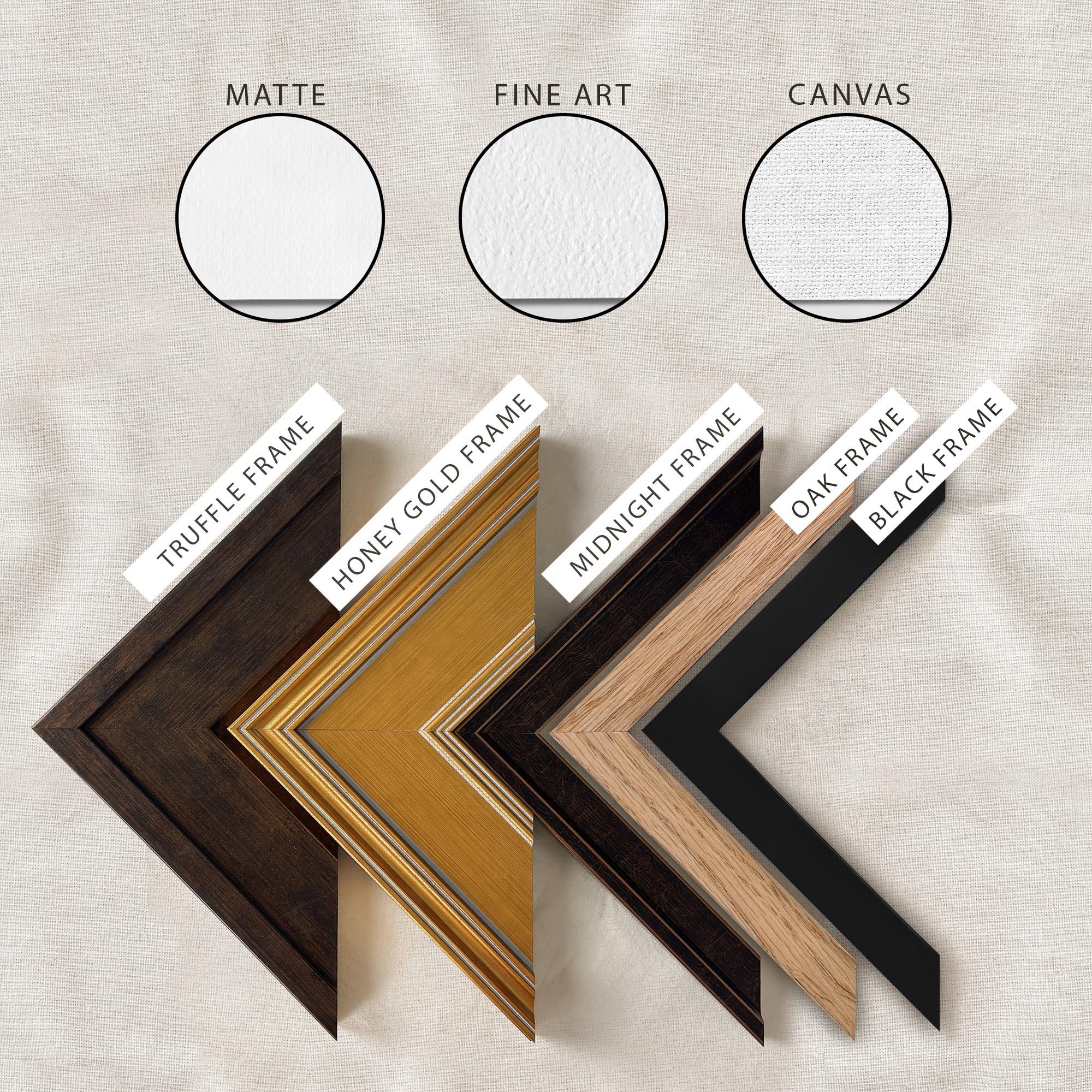 Paper and Frame Options for Wall Art (Truffle Frame, Honey Gold Frame, Midnight Frame, Oak Frame, Black Frame)