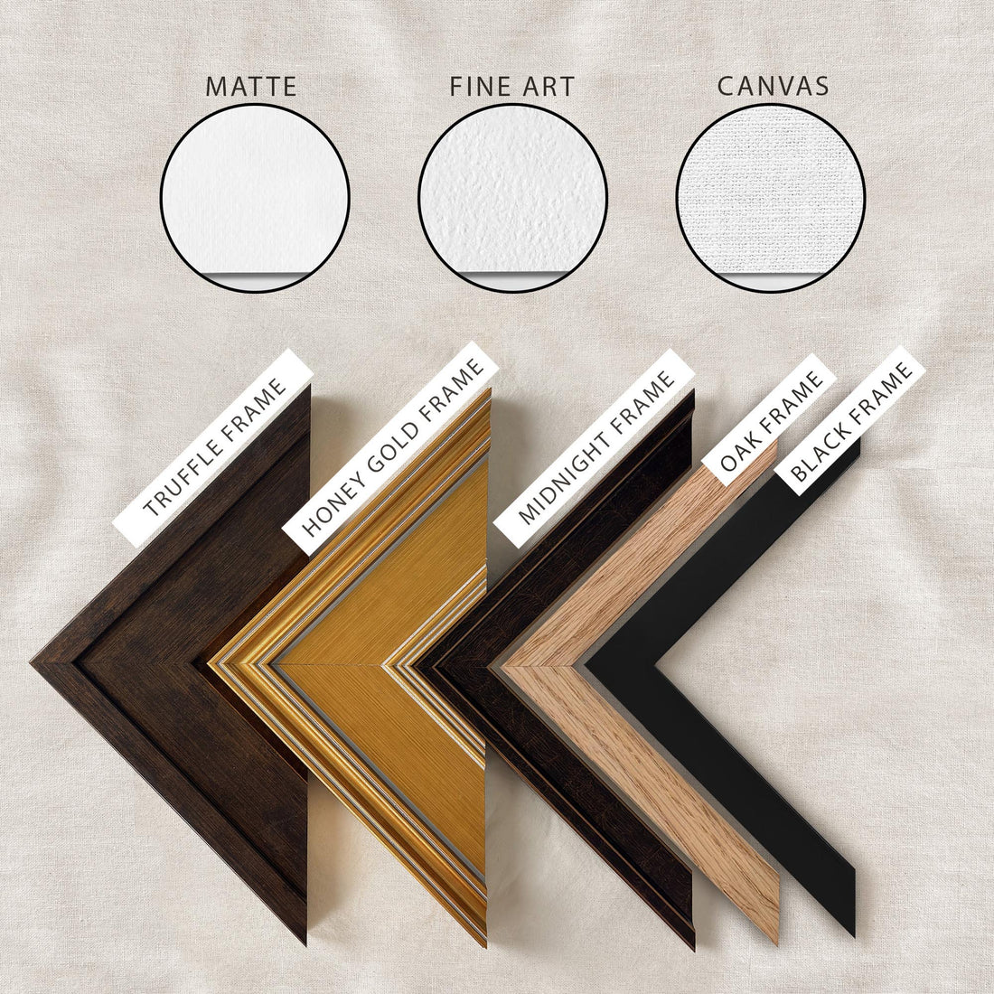 Paper and Frame Options for Wall Art (Truffle Frame, Honey Gold Frame, Midnight Frame, Oak Frame, Black Frame)