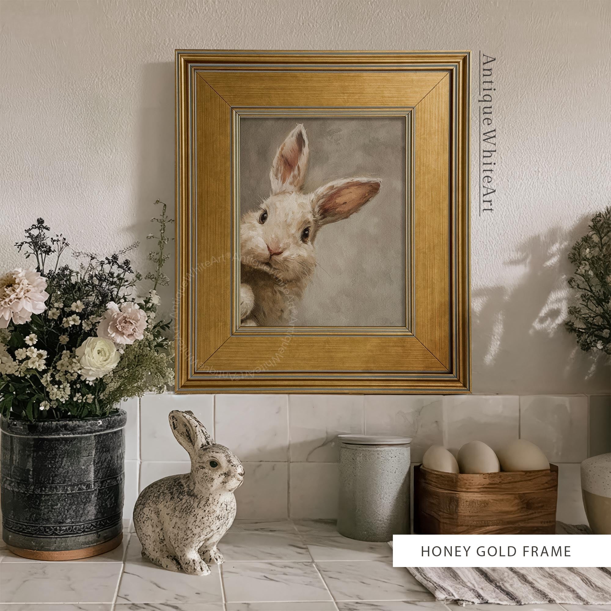 Easter Bunny Wall Art Print in Honey Gold Style Wooden Frame with Easter Home Decor