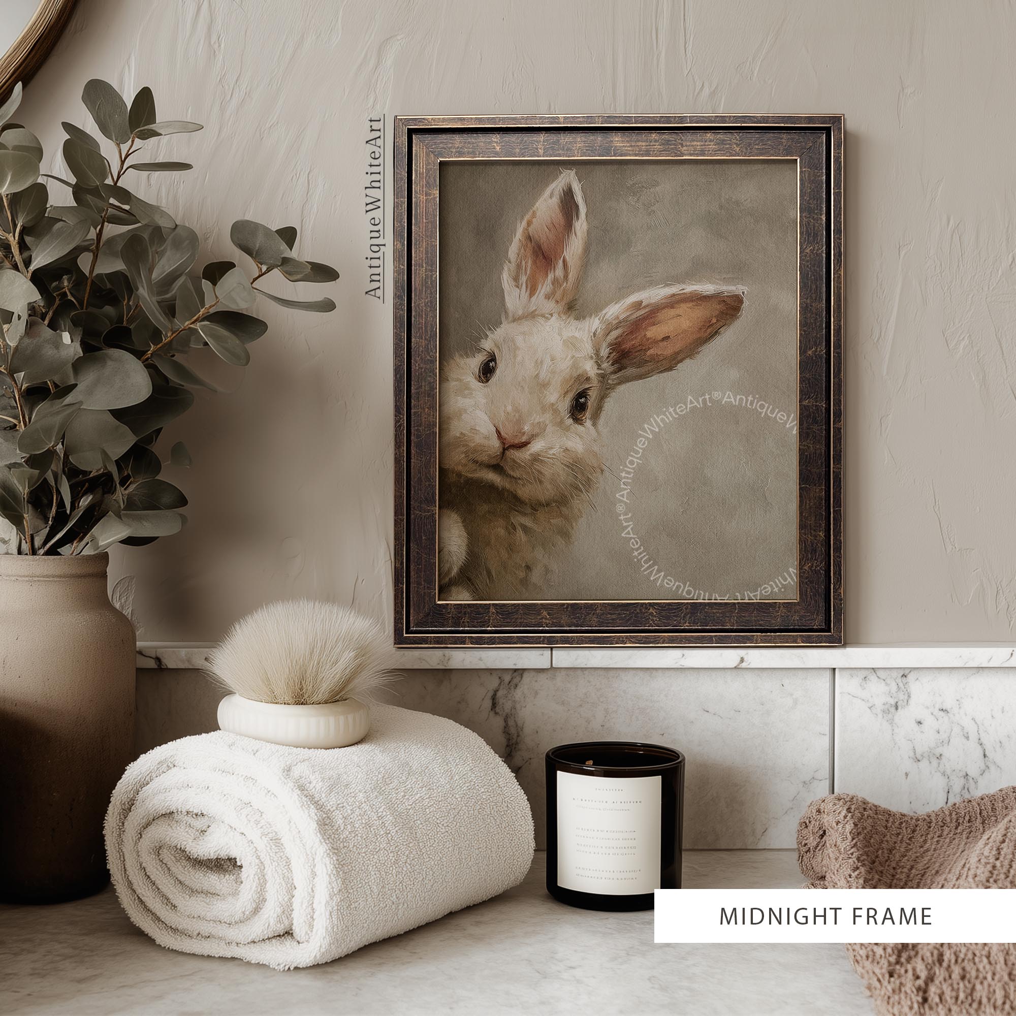 Easter Bunny Wall Art Print in Midnight Style Frame in a Bathroom