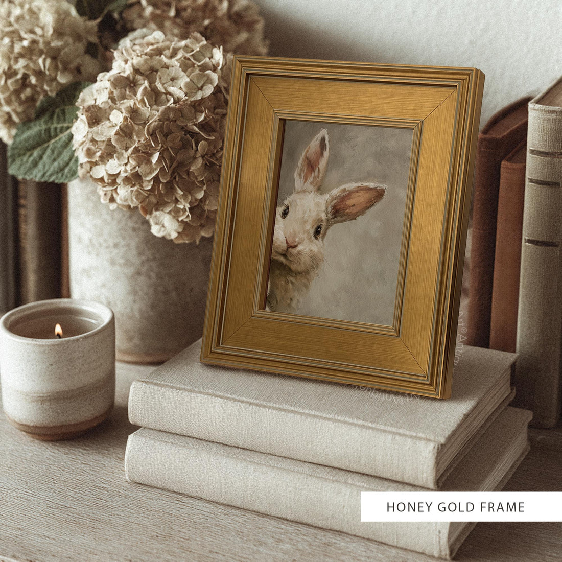 Easter Bunny Wall Art Print in Honey Gold Style Wooden Frame