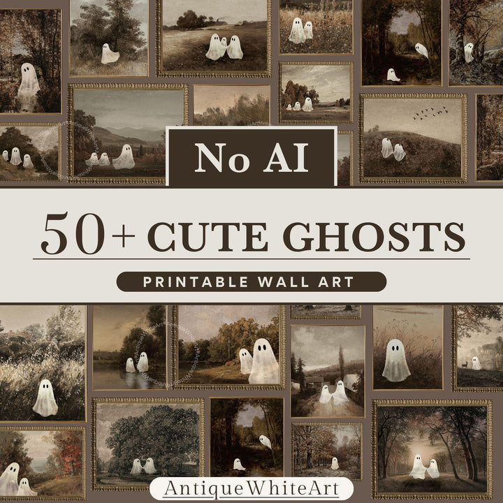 Handdrawn 50+ Vintage Ghost Halloween Printable Wall Art Bundle, Digital Download | S204