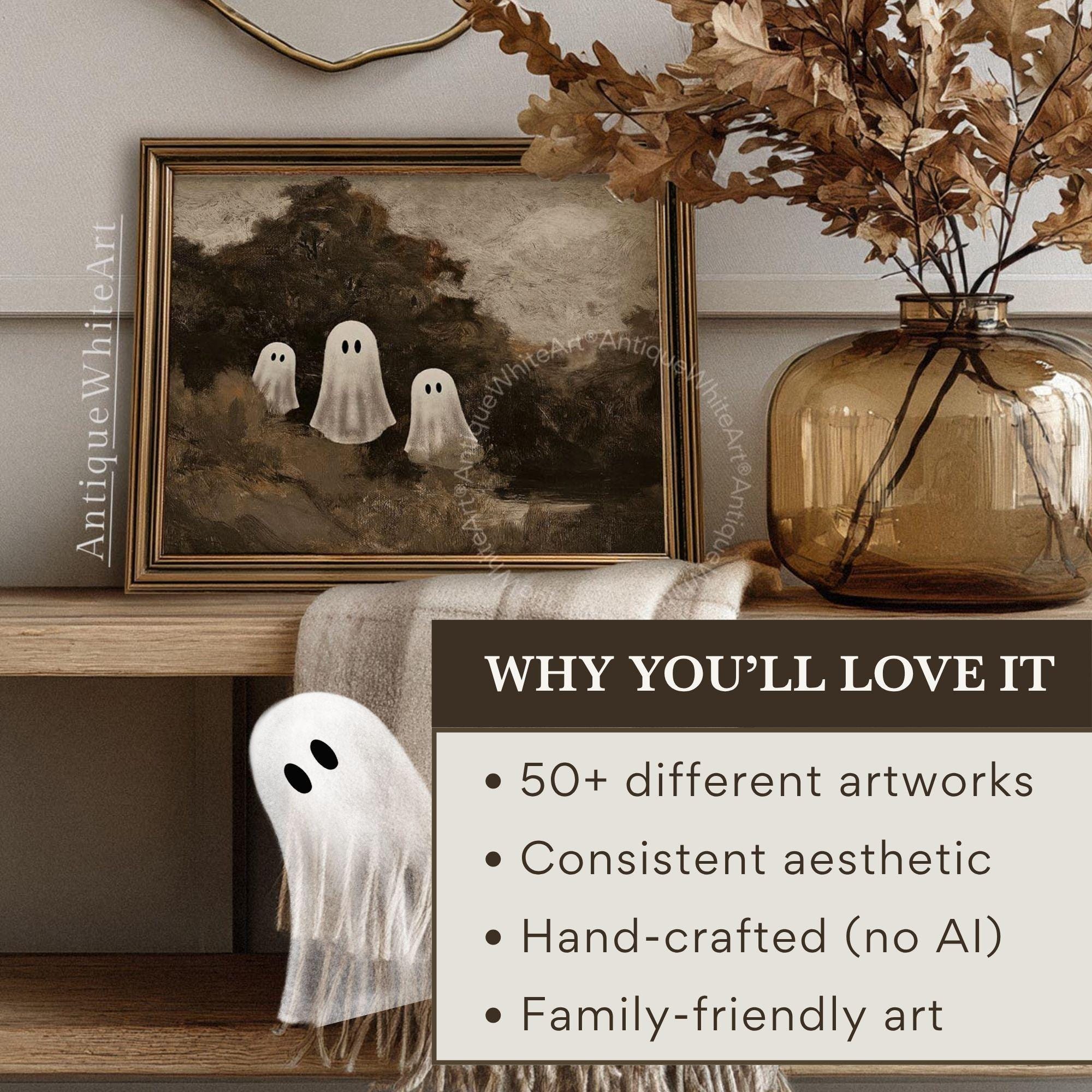 Handdrawn 50+ Vintage Ghost Halloween Printable Wall Art Bundle, Digital Download | S204