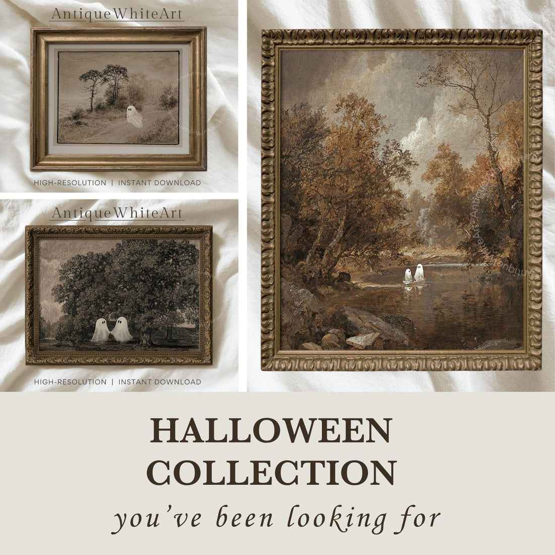 Handdrawn 50+ Vintage Ghost Halloween Printable Wall Art Bundle, Digital Download | S204