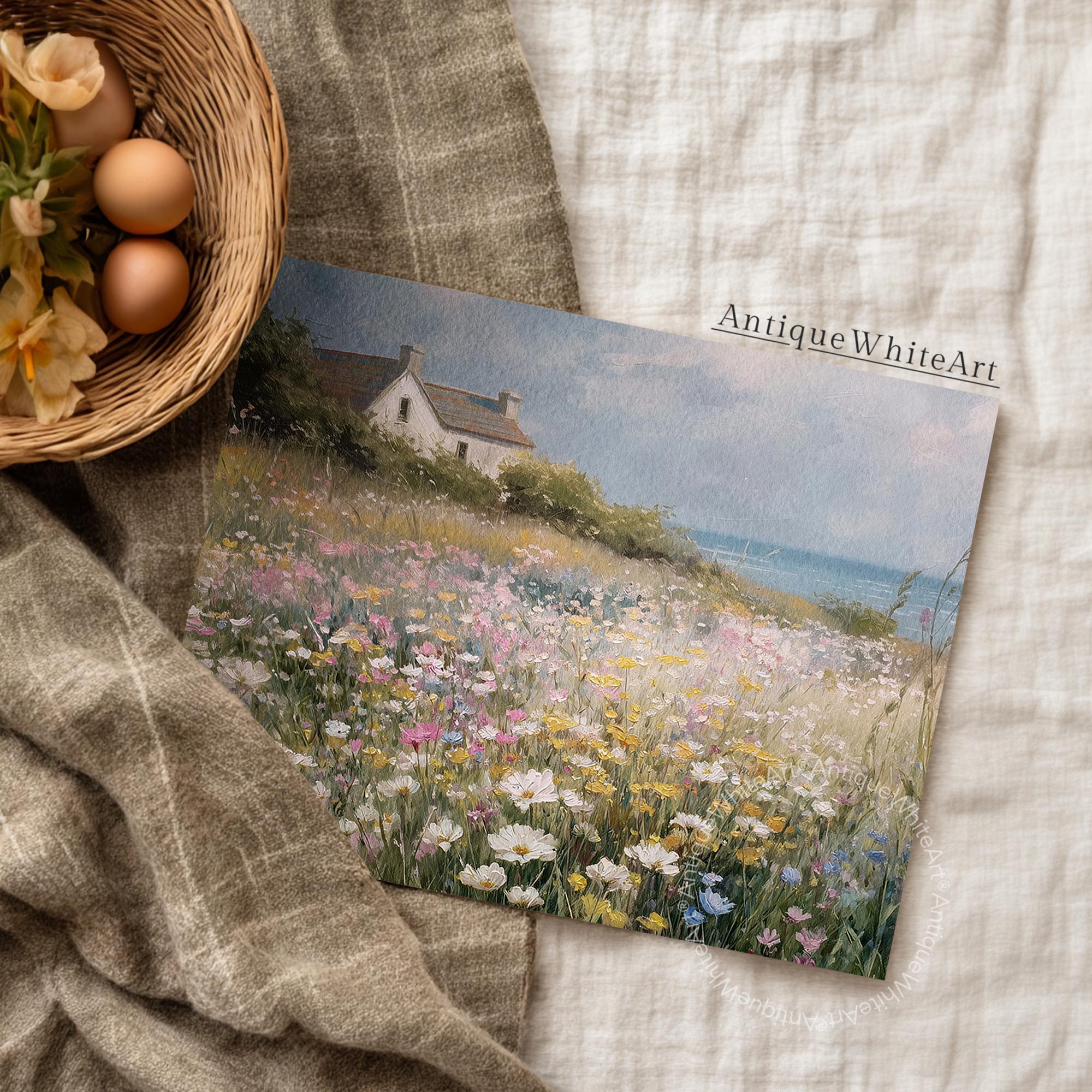 Image of Unframed Wall Art Featuring Spring Wildflowers Meadow and Cottage