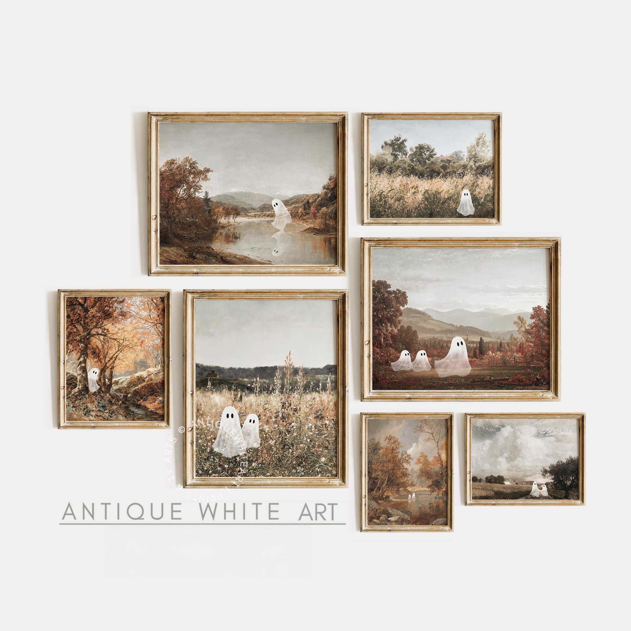 Halloween print set of cute ghosts in vintage landscape from AntiqueWhiteArt
