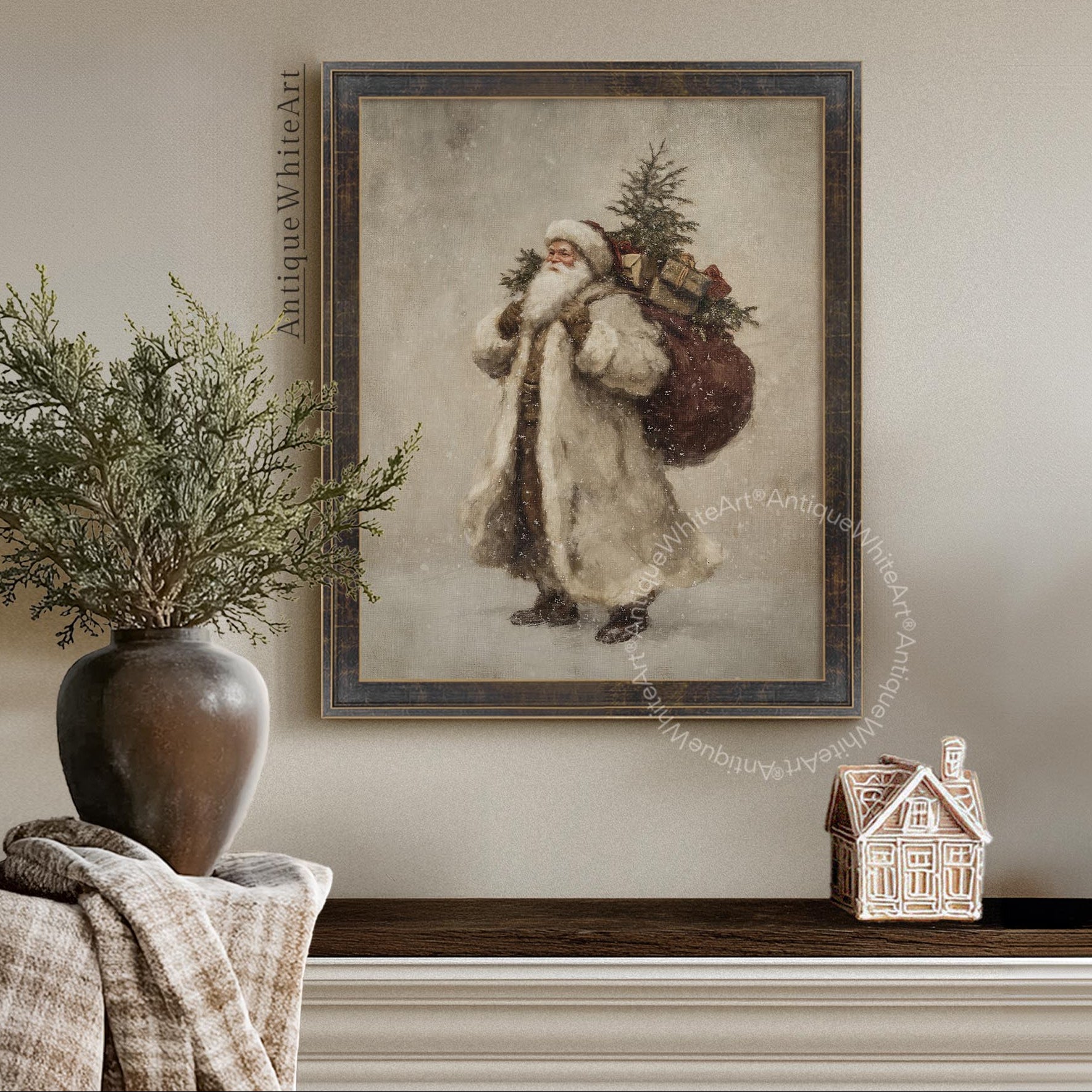 Framed vintage wall art of Santa Claus holding a bag of gifts and Christmas tree, print from AntiqueWhiteArt.