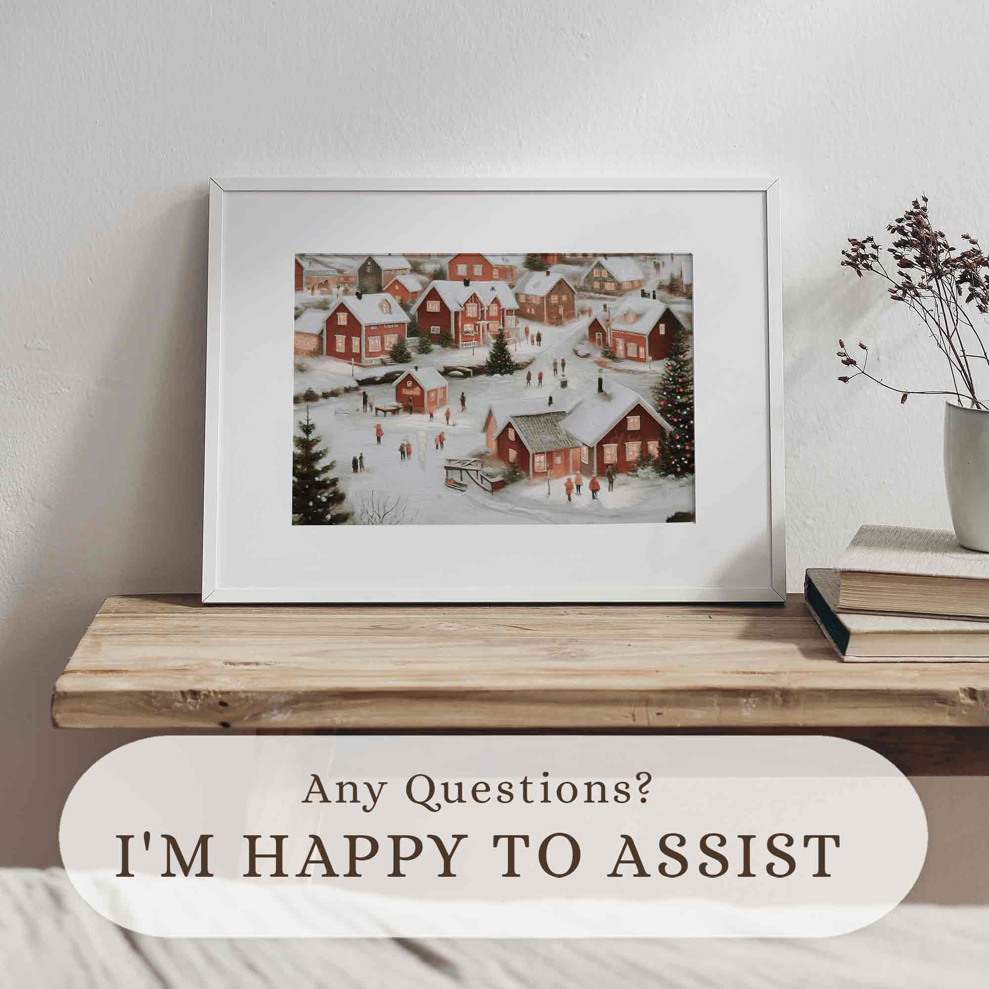 Winter Wall Art Christmas Oil Painting Snowy Village Print Festive Holiday Home Decor Farmhouse W95