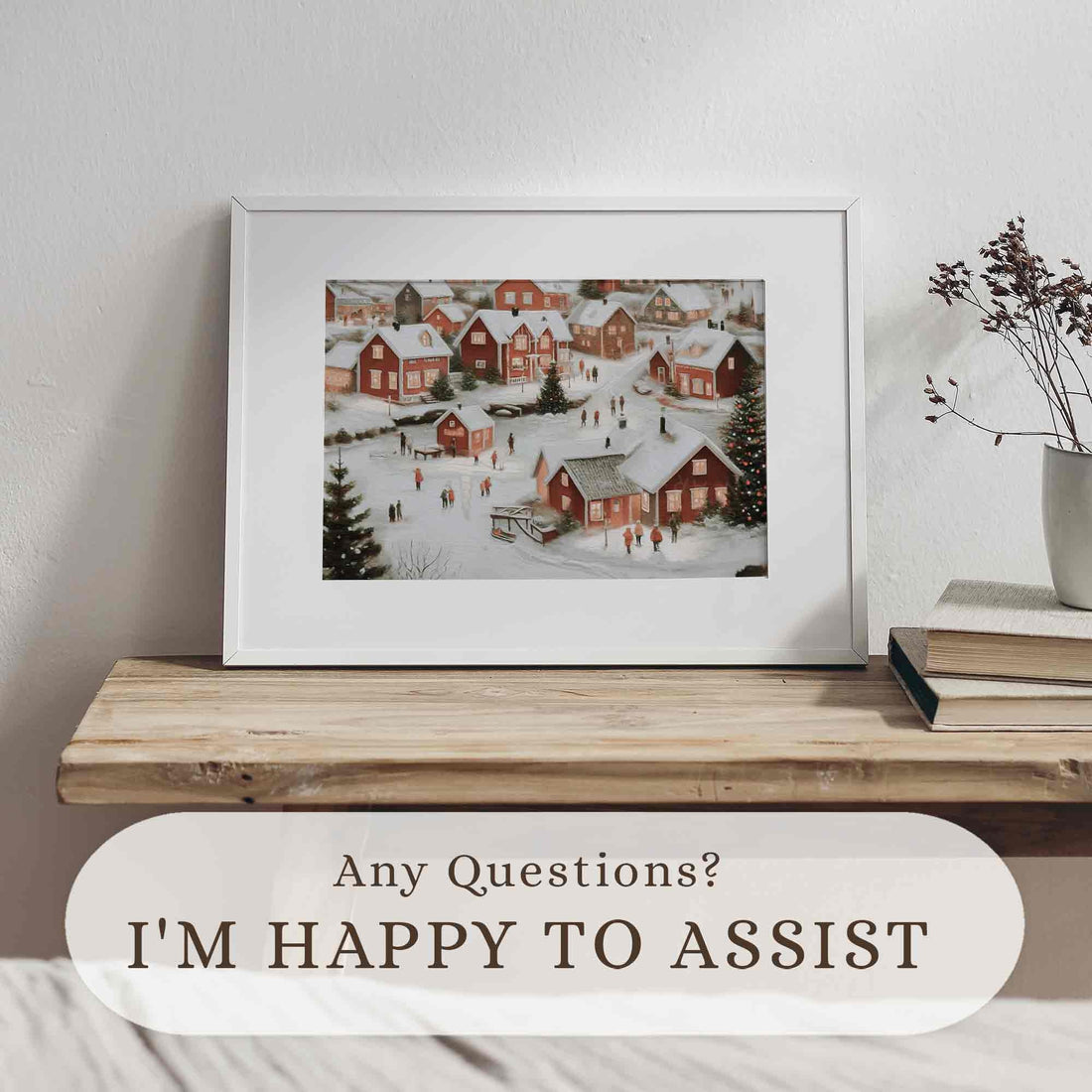 Winter Wall Art Christmas Oil Painting Snowy Village Print Festive Holiday Home Decor Farmhouse W95