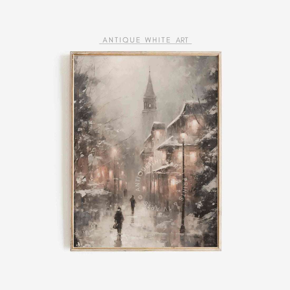 Moody Town Wall Art Muted Winter Evening Print Farmhouse Decor Christmas Painting W96