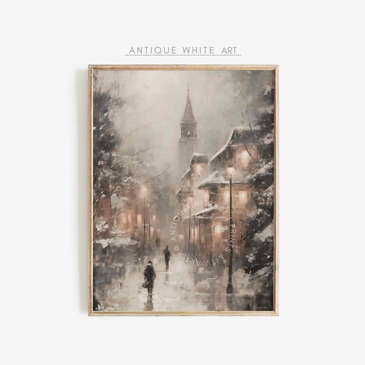 Moody Town Wall Art Muted Winter Evening Print Farmhouse Decor Christmas Painting W96