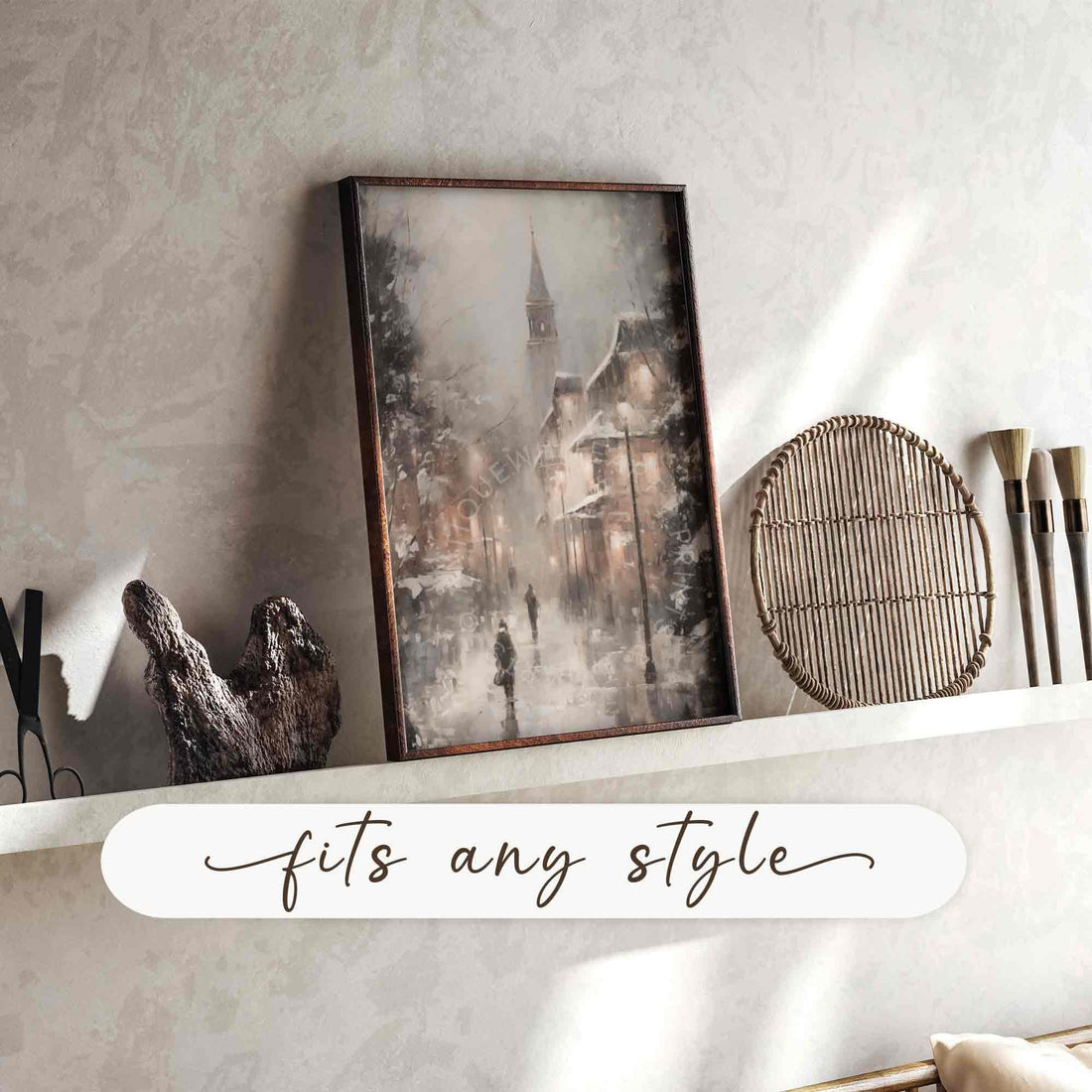 Moody Town Wall Art Muted Winter Evening Print Farmhouse Decor Christmas Painting W96