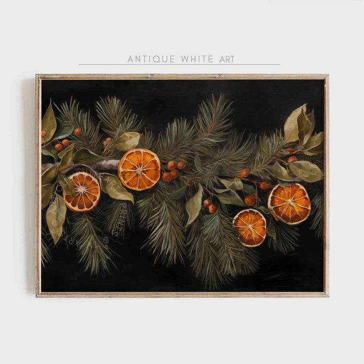 Winter Wall Art Citrus Print Farmhouse Decor Vintage Style Botanical Orange Garland Fir Branch Painting W102