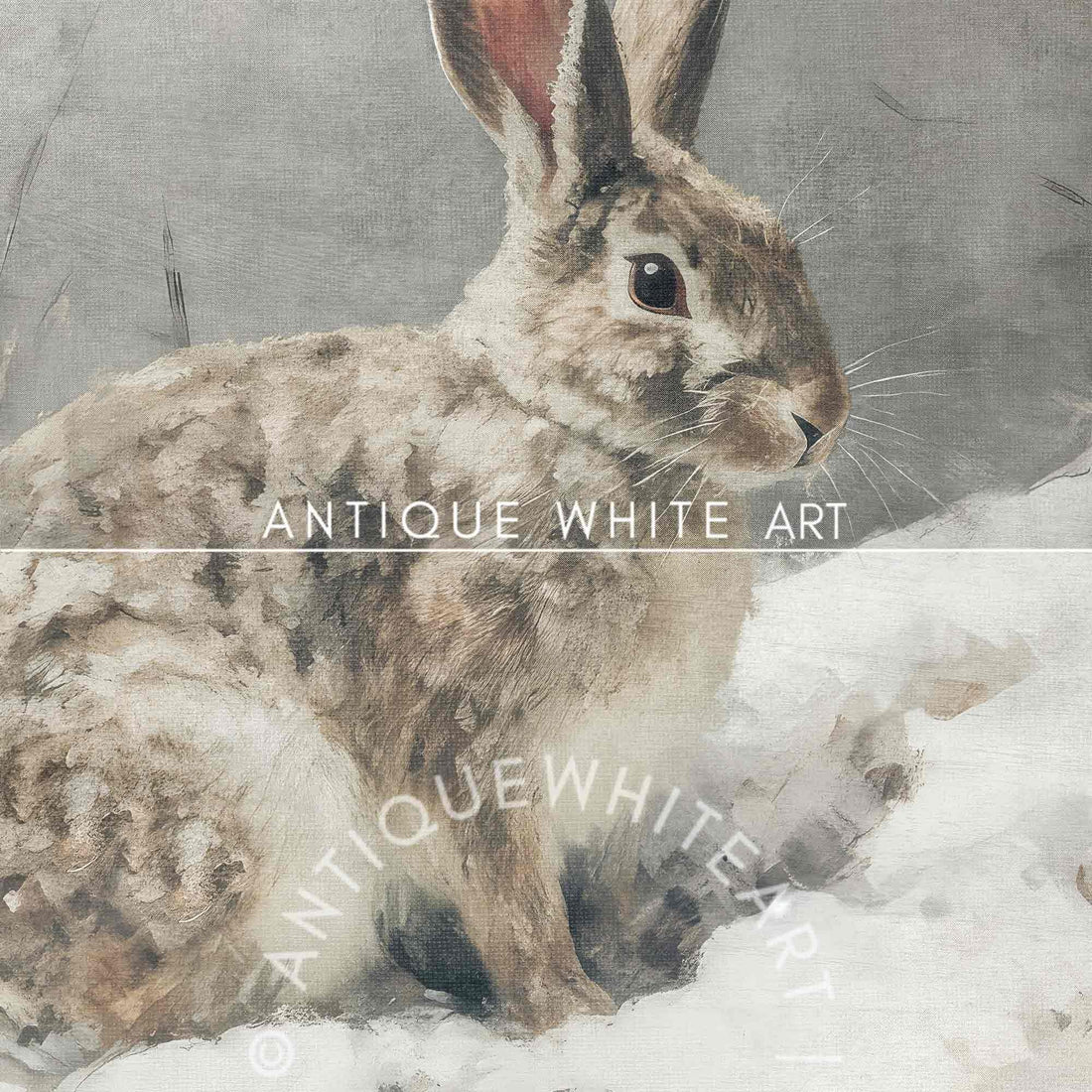 Vintage Style Farmhouse Winter Print Hare in Painting Wall Art Rustic Scene Country Christmas W100