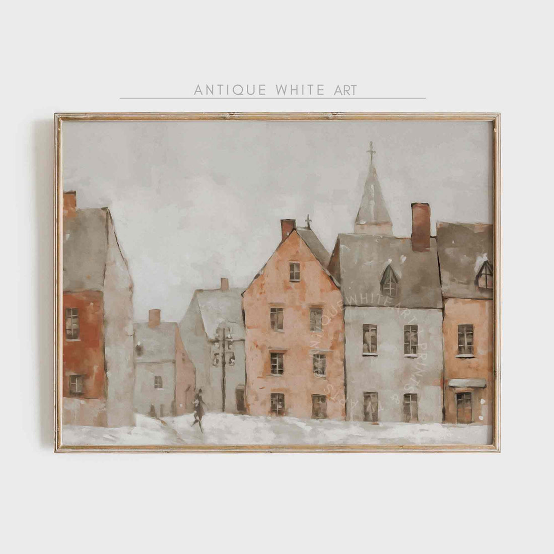Winter Village Wall Art Muted Painting Neutral Farmhouse Decor Festive HolidayHome W105 Print
