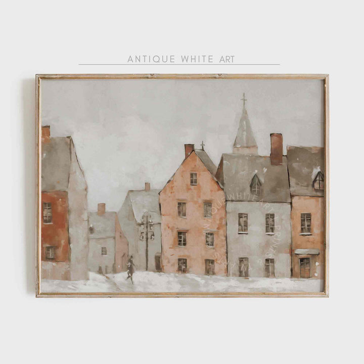 Winter Village Wall Art Muted Painting Neutral Farmhouse Decor Festive HolidayHome W105 Print