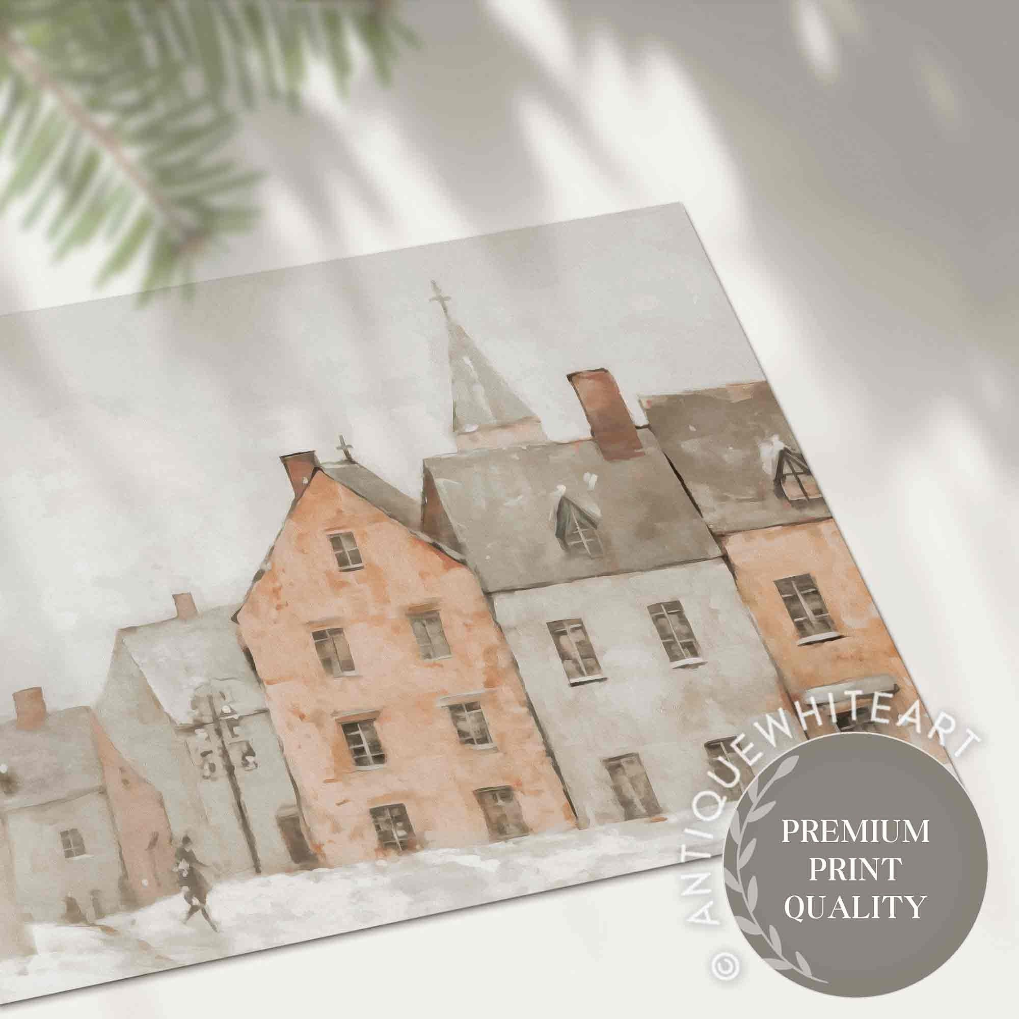 Winter Village Wall Art Muted Painting Neutral Farmhouse Decor Festive HolidayHome W105 Print