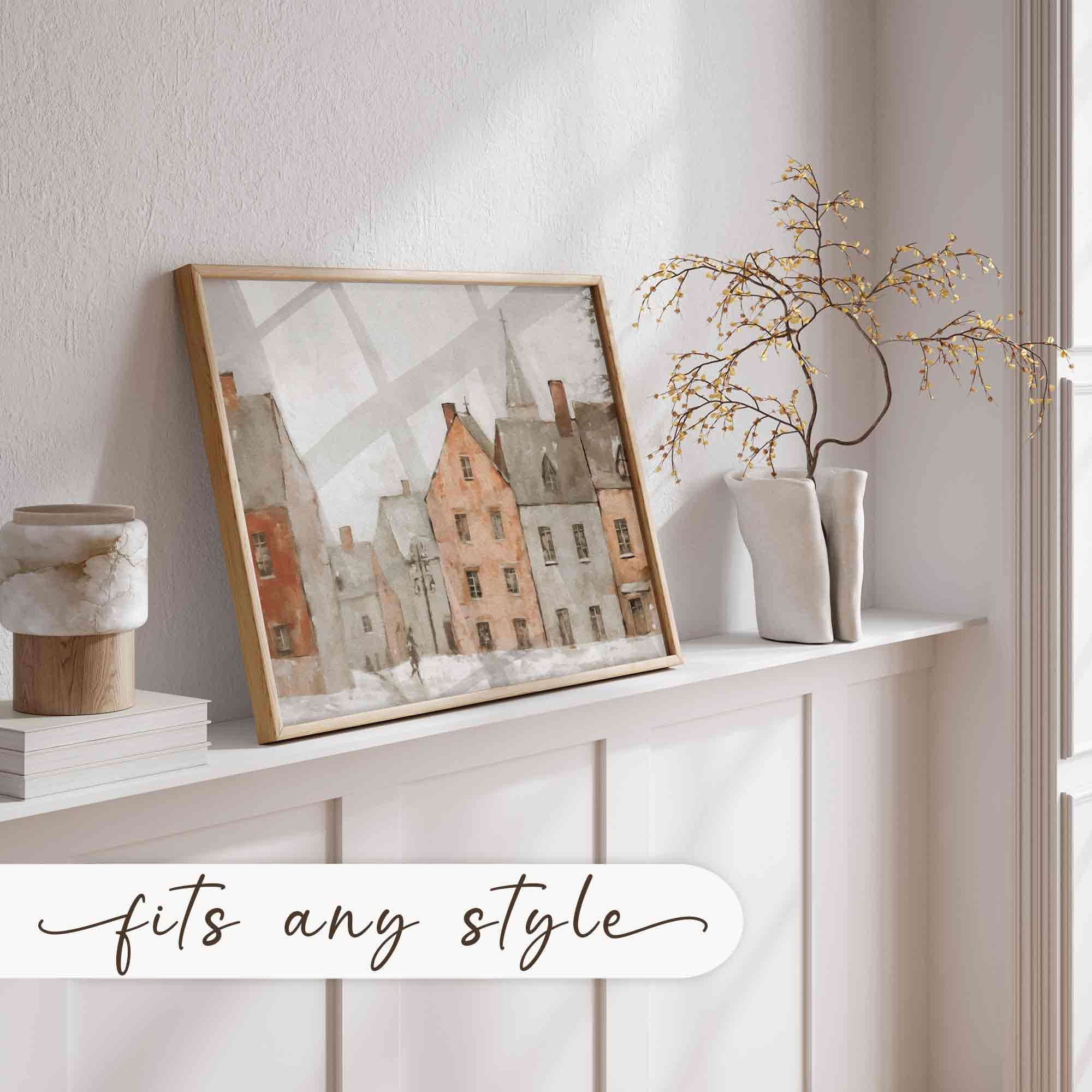 Winter Village Wall Art Muted Painting Neutral Farmhouse Decor Festive HolidayHome W105 Print