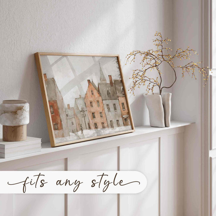 Winter Village Wall Art Muted Painting Neutral Farmhouse Decor Festive HolidayHome W105 Print