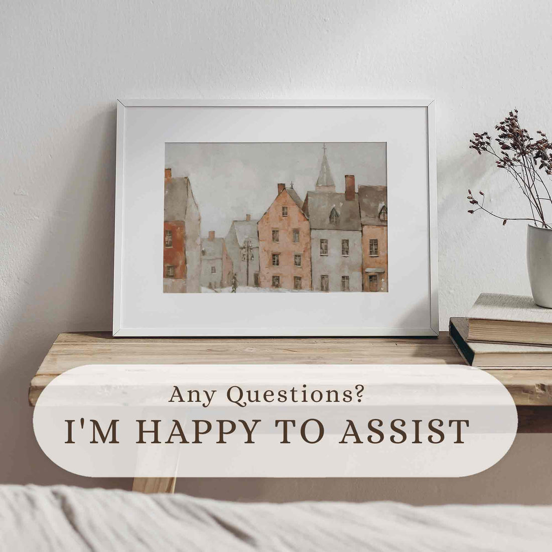 Winter Village Wall Art Muted Painting Neutral Farmhouse Decor Festive HolidayHome W105 Print