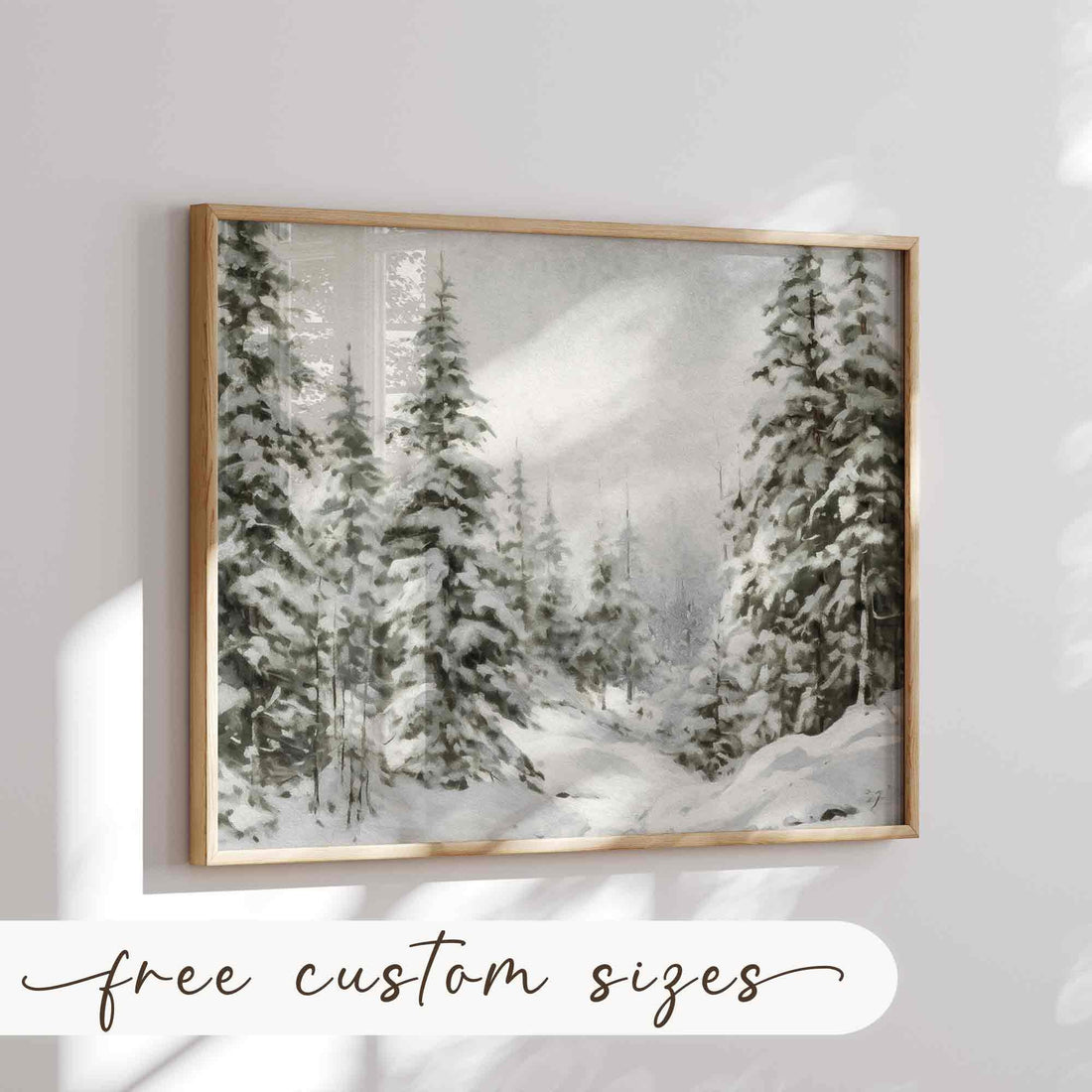 Snowy Winter Print Christmas Wall Art Farmhouse Pine Forest Painting Rustic Landscape W94