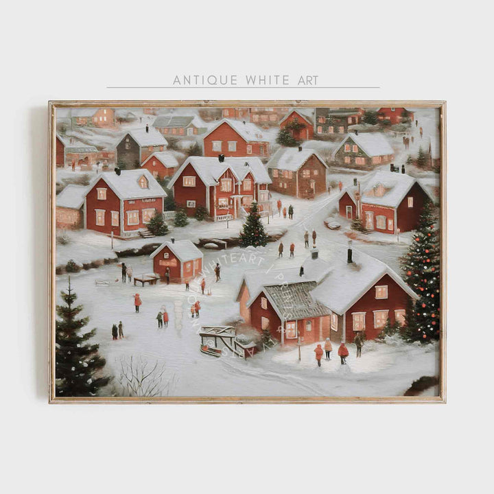 Winter Wall Art Christmas Oil Painting Snowy Village Print Festive Holiday Home Decor Farmhouse W95