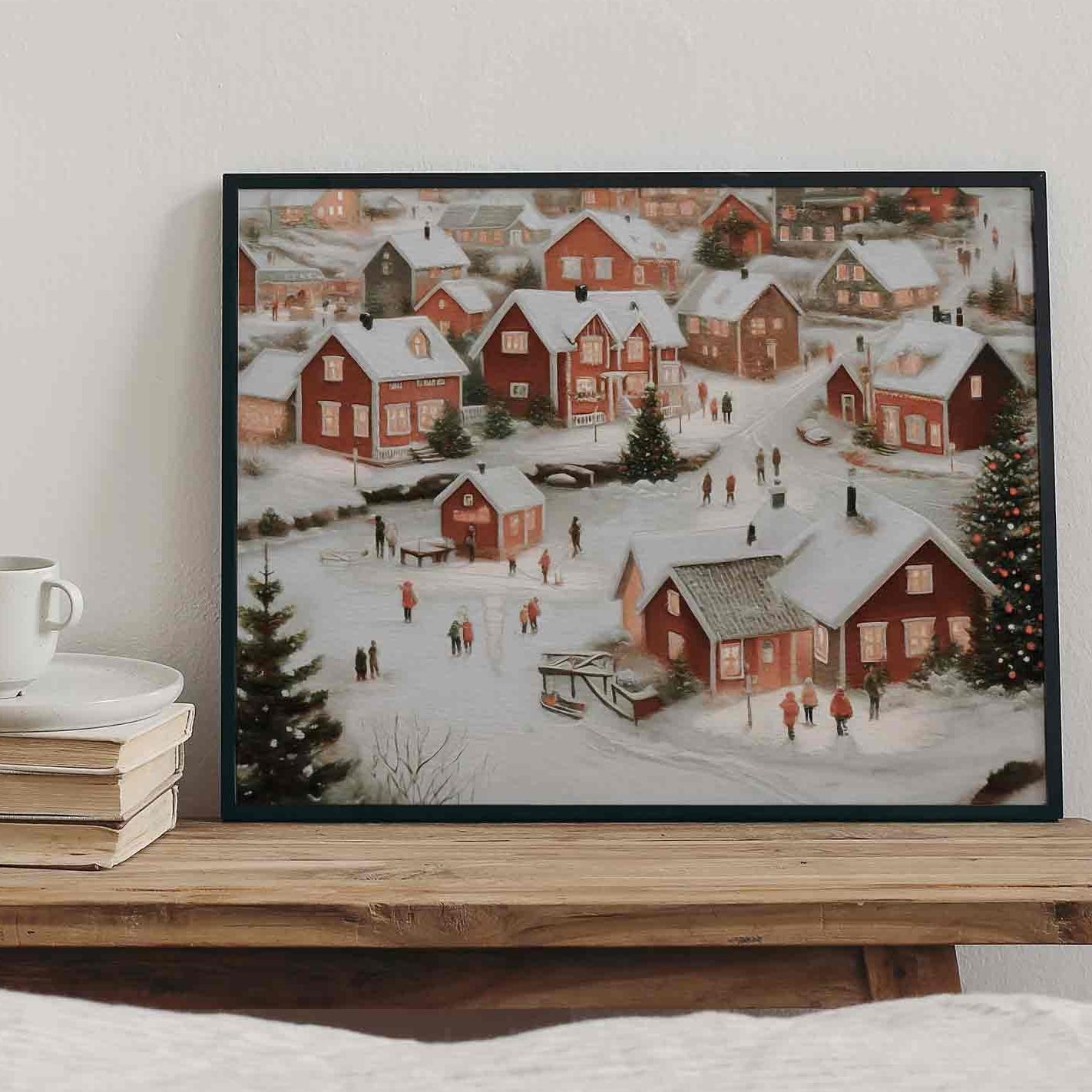 Winter Wall Art Christmas Oil Painting Snowy Village Print Festive Holiday Home Decor Farmhouse W95