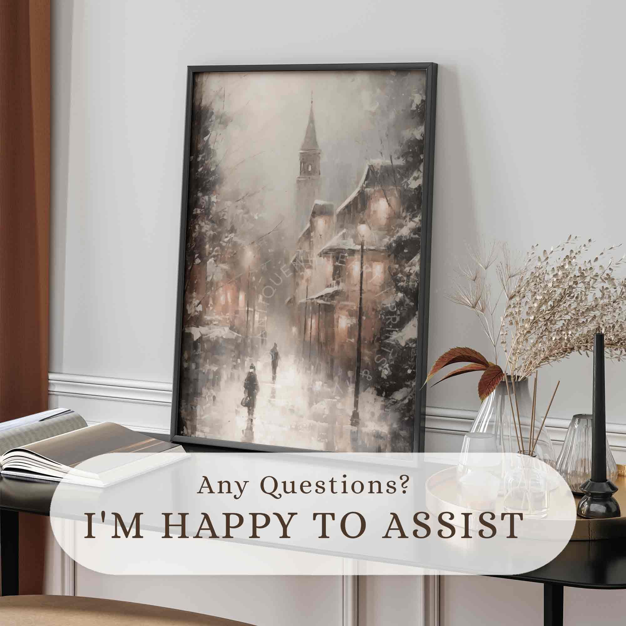 Moody Town Wall Art Muted Winter Evening Print Farmhouse Decor Christmas Painting W96