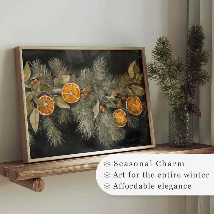 Winter Wall Art Citrus Print Farmhouse Decor Vintage Style Botanical Orange Garland Fir Branch Painting W102