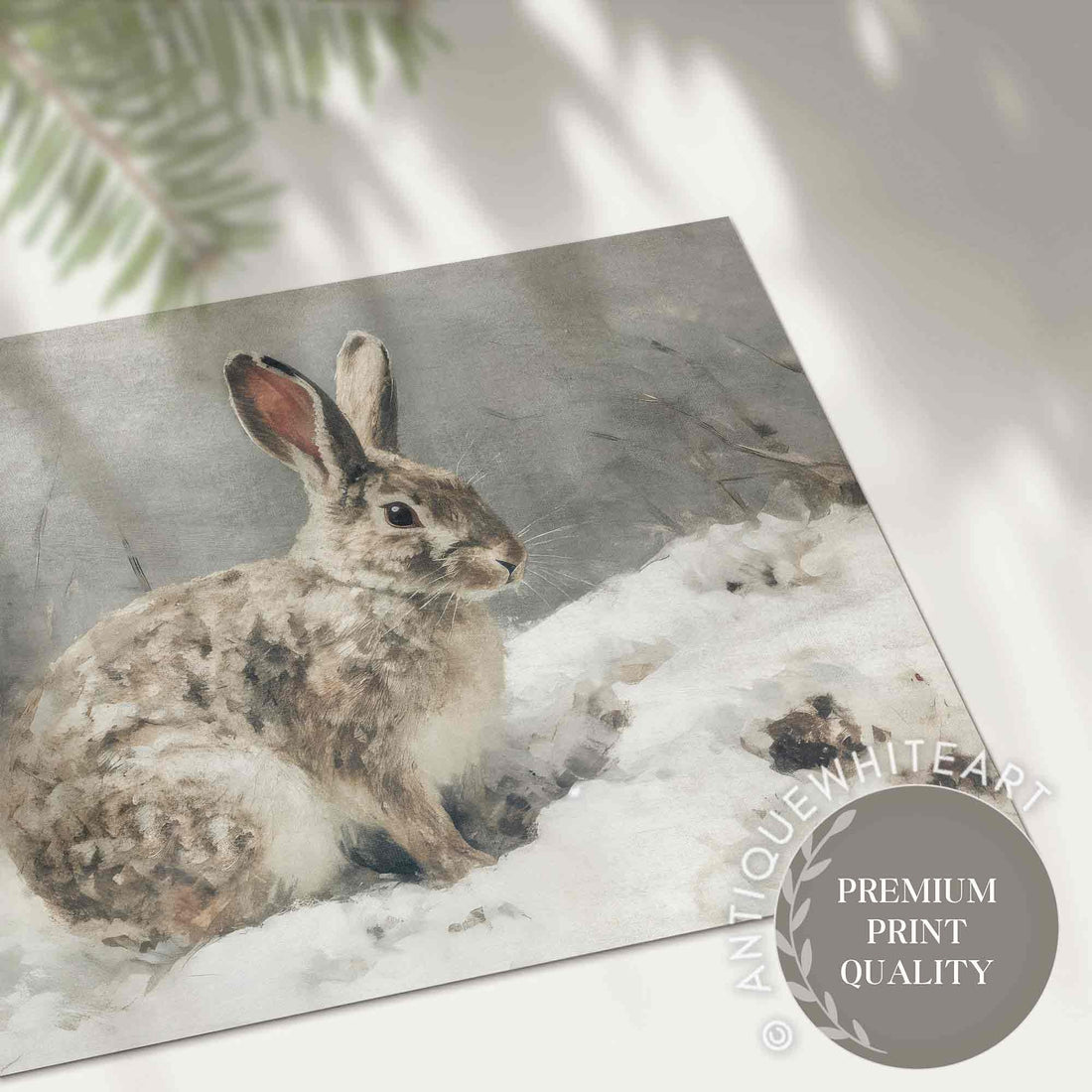 Vintage Style Farmhouse Winter Print Hare in Painting Wall Art Rustic Scene Country Christmas W100