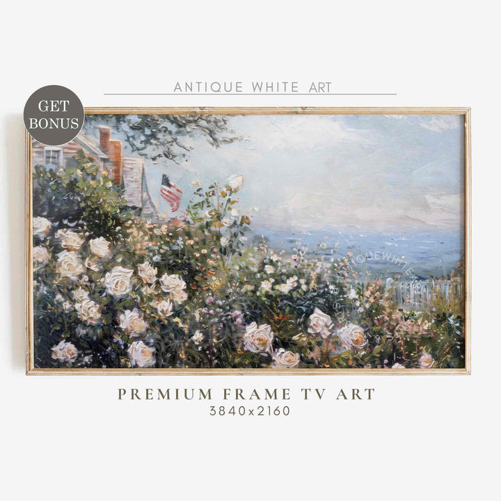 Coastal Roses Garden Frame TV Art, 4th of July Art, Digital Download | TV408
