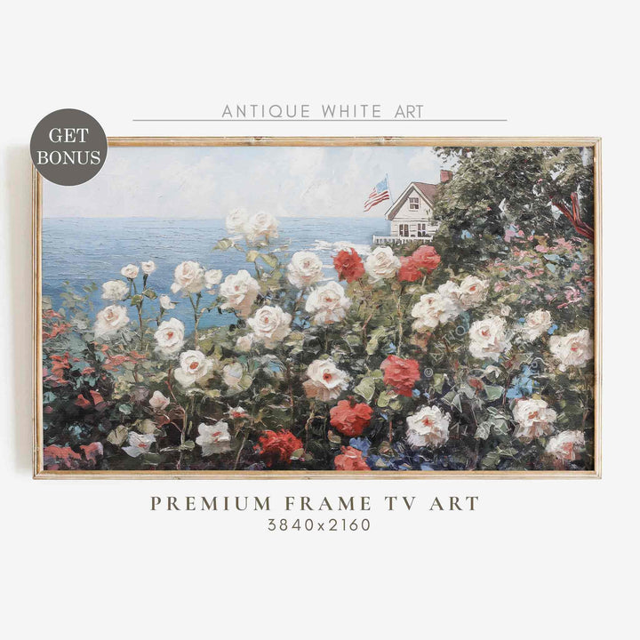 Coastal Roses Frame TV Art, 4th of July Art | TV407
