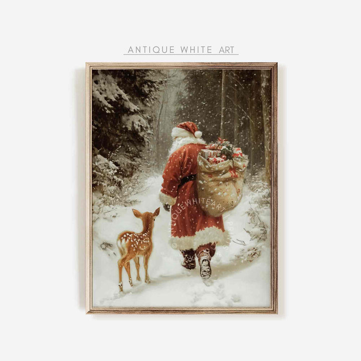 Vintage Style Santa Claus Print Christmas Wall Art Reindeer Painting Holiday Decor Winter Forest W110