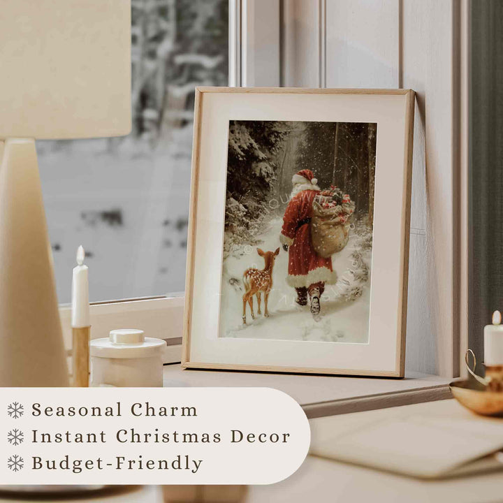 Vintage Style Santa Claus Print Christmas Wall Art Reindeer Painting Holiday Decor Winter Forest W110