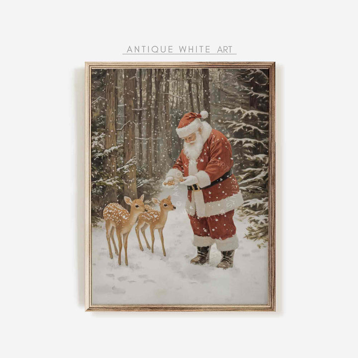 Santa Claus Wall Art Christmas Print Vintage Style Farmhouse Deer Winter Holiday Decor Painting W115
