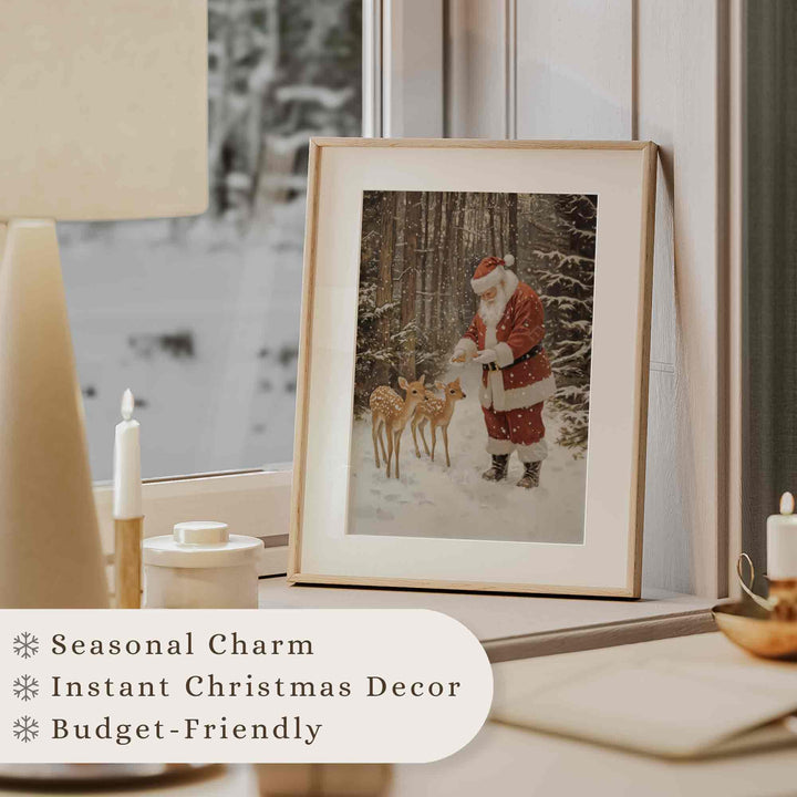 Santa Claus Wall Art Christmas Print Vintage Style Farmhouse Deer Winter Holiday Decor Painting W115