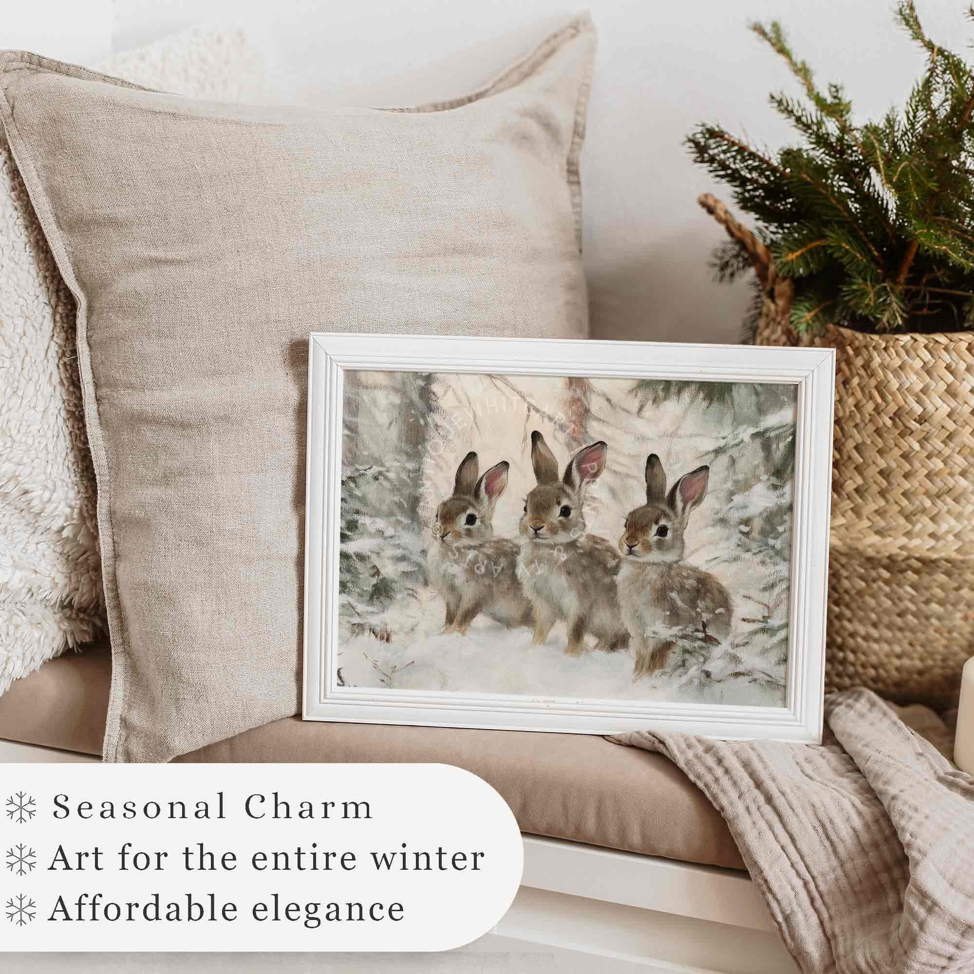 Hares in Winter Landscape Print Bunnies Painting Vintage Style Style Wall Art Rustic Country Christmas W118