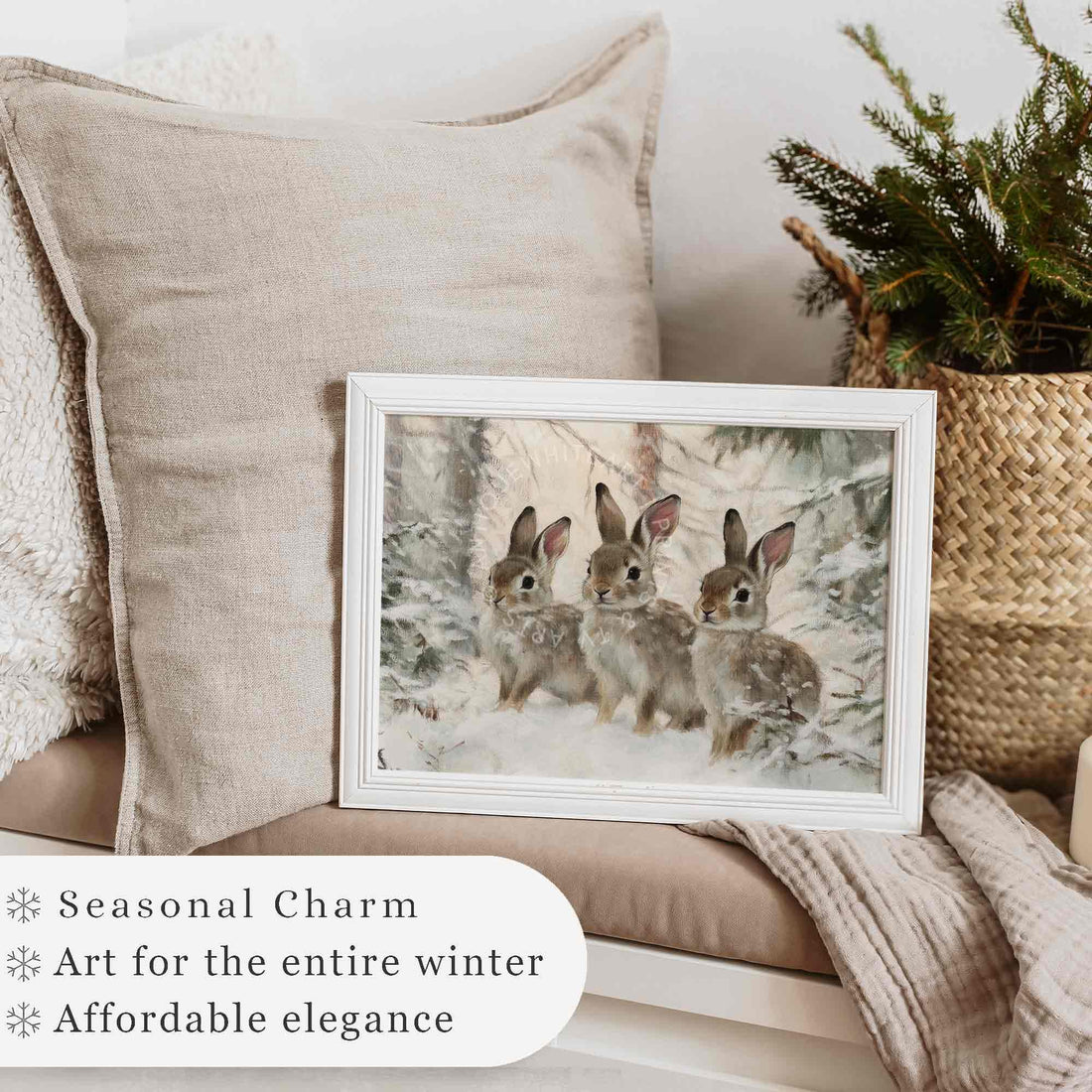 Hares in Winter Landscape Print Bunnies Painting Vintage Style Style Wall Art Rustic Country Christmas W118