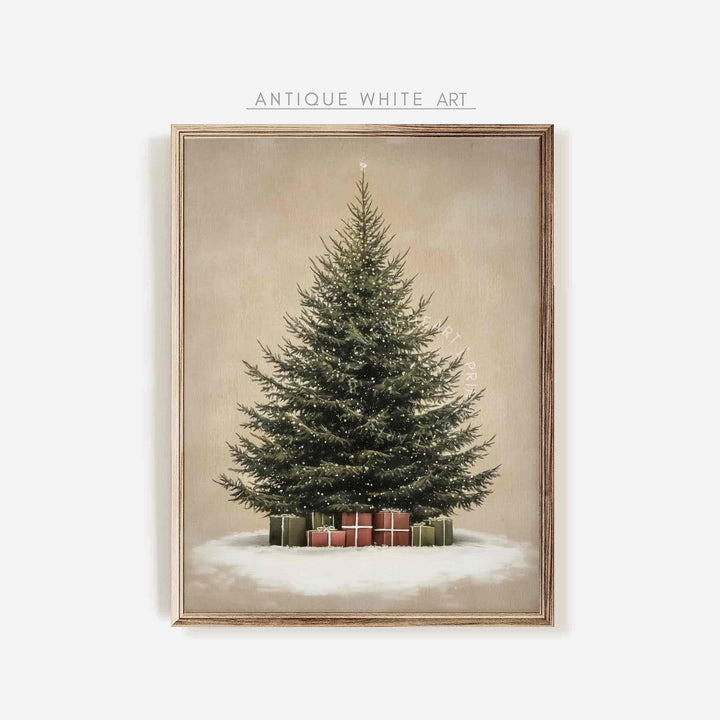 Christmas Tree Wall Art Neutral Winter Print Vintage Style Rustic Oil Painting Farmhouse Decor W116
