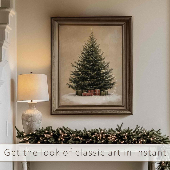 Christmas Tree Wall Art Neutral Winter Print Vintage Style Rustic Oil Painting Farmhouse Decor W116