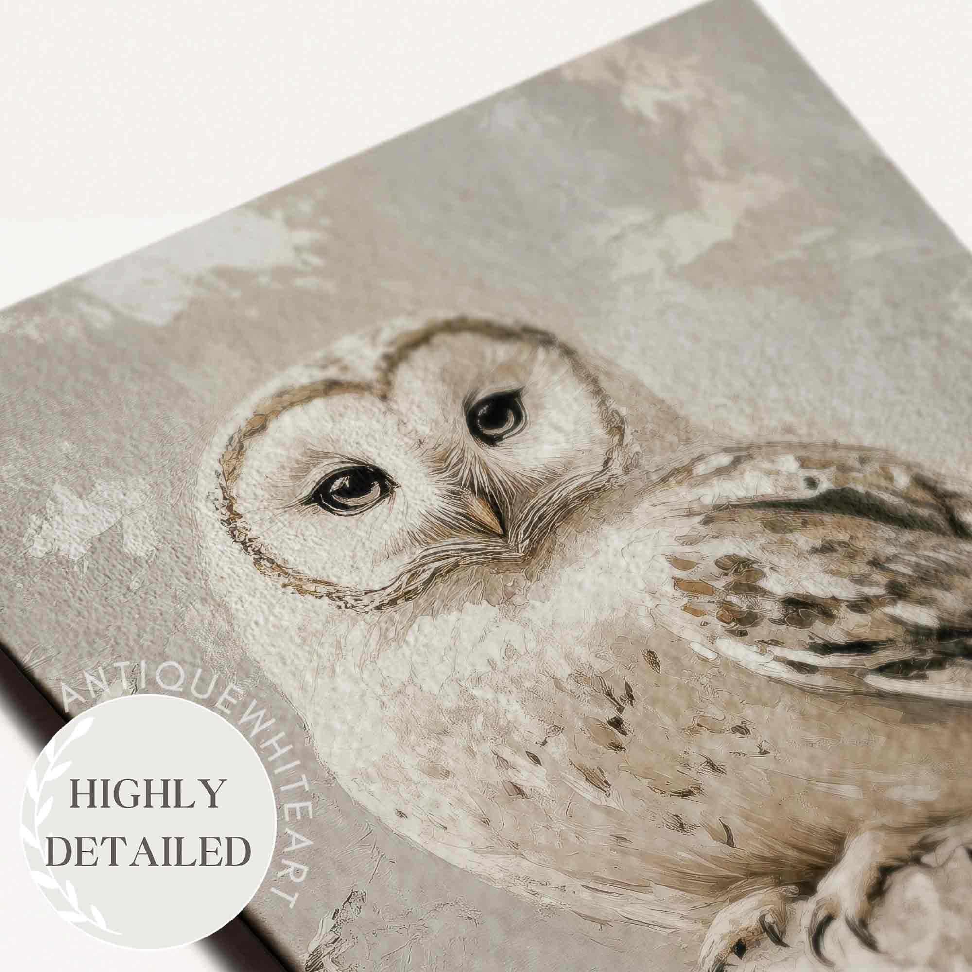 Owl in Winter Painting Farmhouse Christmas Print Vintage Style Style Wall Art Rustic Scene W122