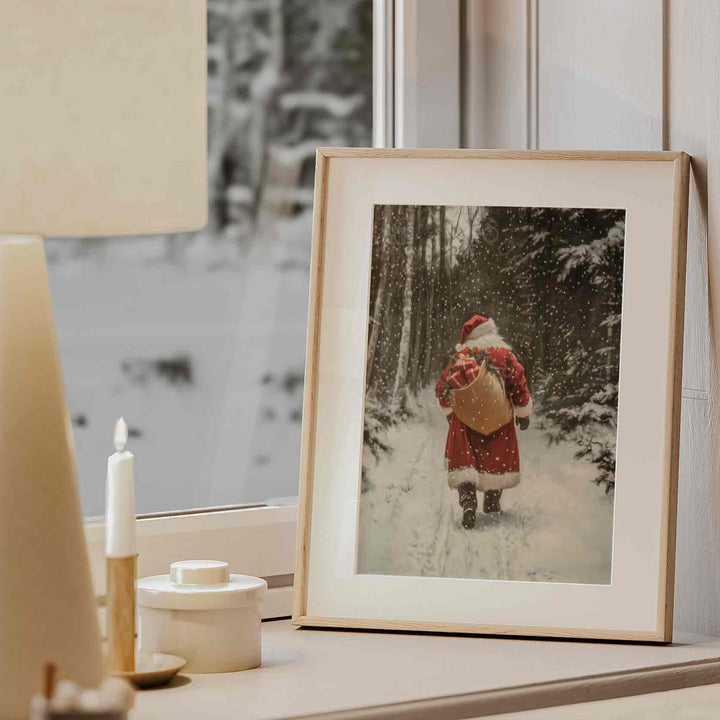 Santa Claus Print Vintage Style styled Christmas Wall Art Scene Painting Winter Forest W120