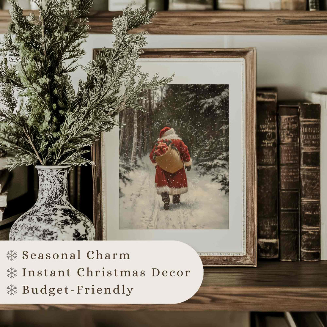 Santa Claus Print Vintage Style styled Christmas Wall Art Scene Painting Winter Forest W120
