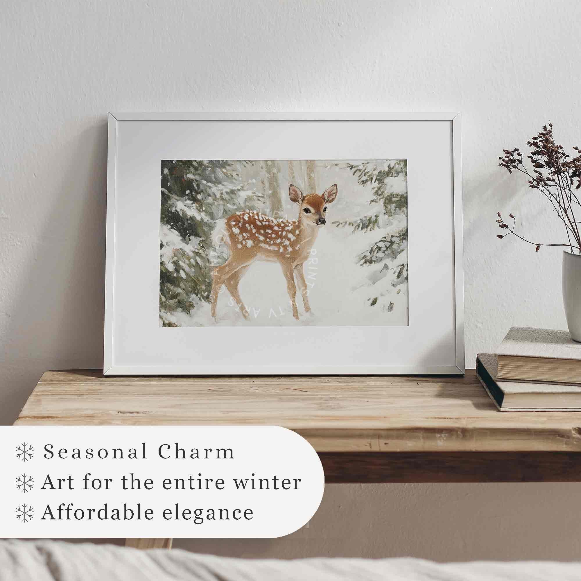 Christmas Print Winter Baby Deer Wall Art Vintage Style Farmhouse Reineer in Landscape Painting W129