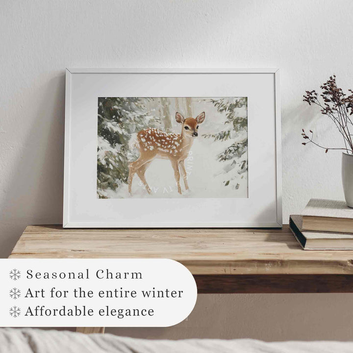 Christmas Print Winter Baby Deer Wall Art Vintage Style Farmhouse Reineer in Landscape Painting W129