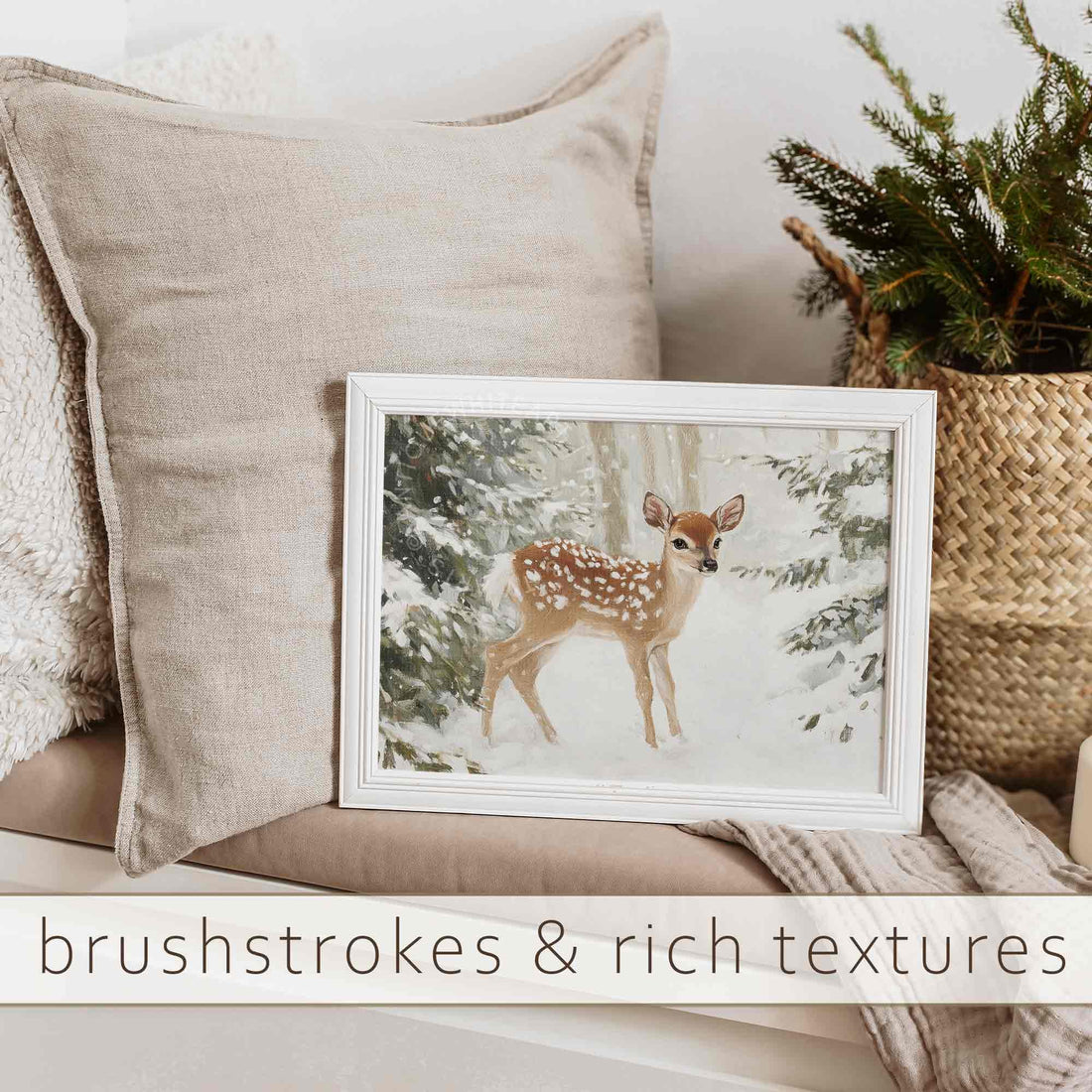 Christmas Print Winter Baby Deer Wall Art Vintage Style Farmhouse Reineer in Landscape Painting W129