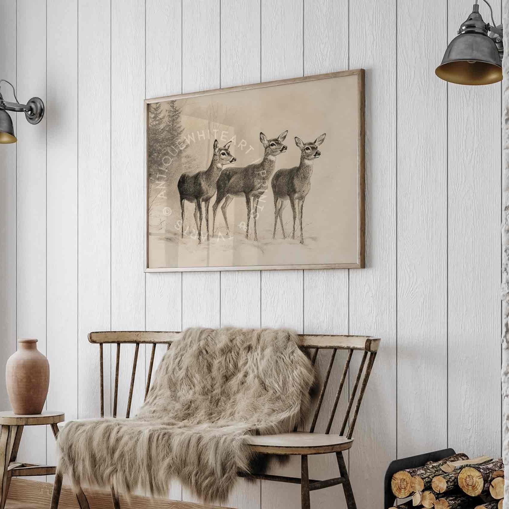 Christmas Print Deer Wall Art Rustic Reindeer Drawing Farmhouse Winter W138